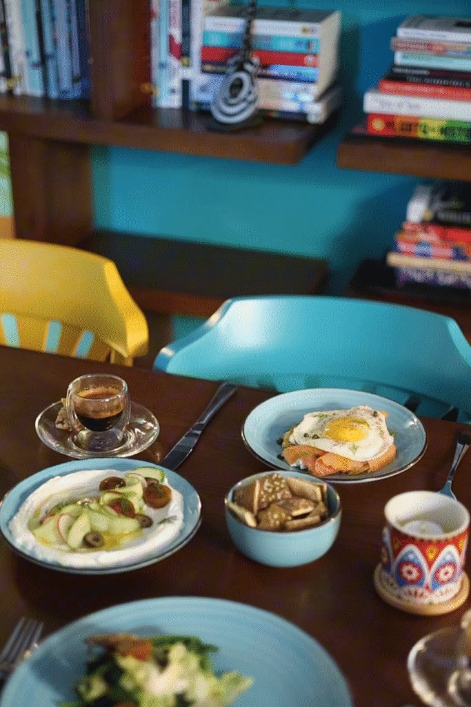 Food on table with books in the background